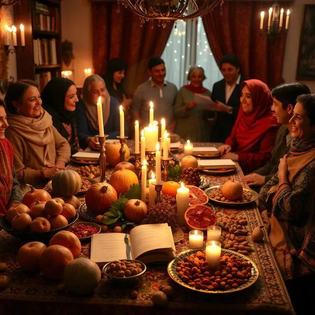 Persian family gathering to celebrate Yalda Night with pomegranates and poetry