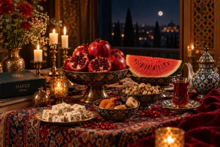Elegant Persian Yalda table with traditional foods and pomegranate