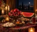 Elegant Persian Yalda table with traditional foods and pomegranate